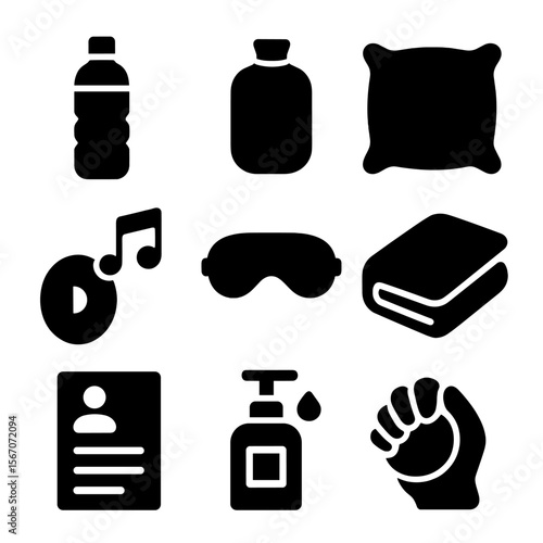 Client Comfort Icons. Solid, filled icon set of client comfort and care: water bottle, heating pad, pillow support, soothing music