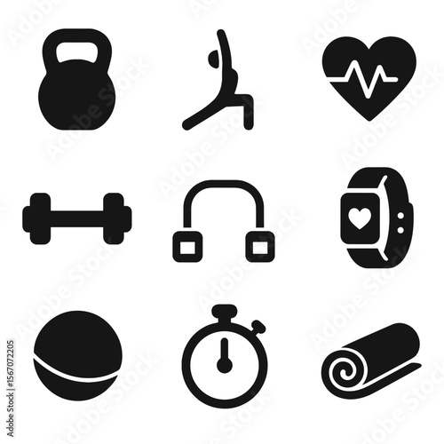 Fitness Icons Grid. Solid, filled icons set of fitness and workout trends (HIIT, yoga): kettlebell, yoga pose,