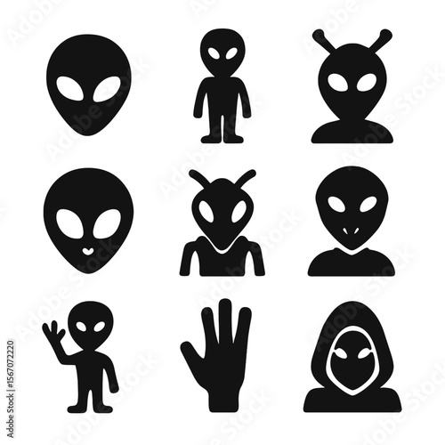 Extraterrestrial Icons Grid. Solid, filled icon set of extraterrestrial beings: alien head, grey alien, humanoid with antennas,