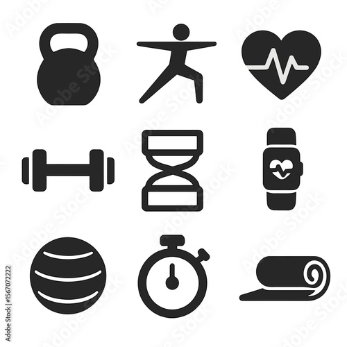 Fitness Icons Grid. Solid, filled icons set of fitness and workout trends (HIIT, yoga): kettlebell, yoga pose,