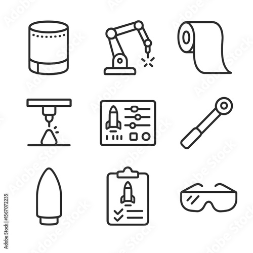 Rocket Manufacturing Icons. Outline icon set of rocket assembly and manufacturing: rocket stage segment, robotic welding arm,
