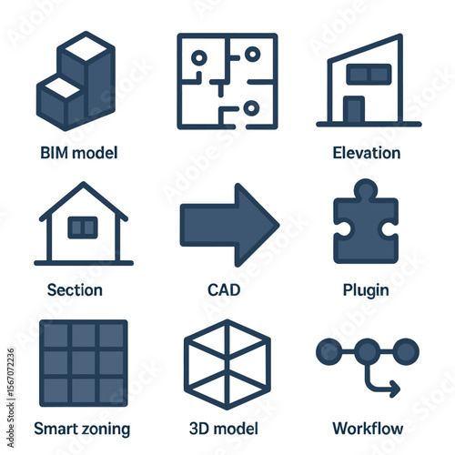 Architectural Tools Grid. Flat icon set of architectural integration features: BIM model icon, floorplan with sensor nodes,