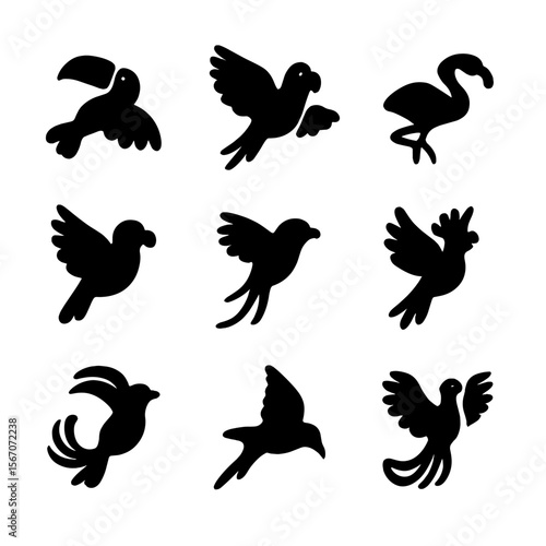 Exotic Bird Icons Grid. Solid, filled icon set of exotic birds in flight: toucan leap, macaw swoop, parrot spread, flamingo arc,