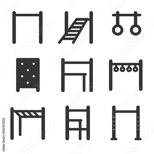 Outdoor Fitness Icon Set. Solid, filled icons set of outdoor fitness climbing frames: pull-up bar, incline