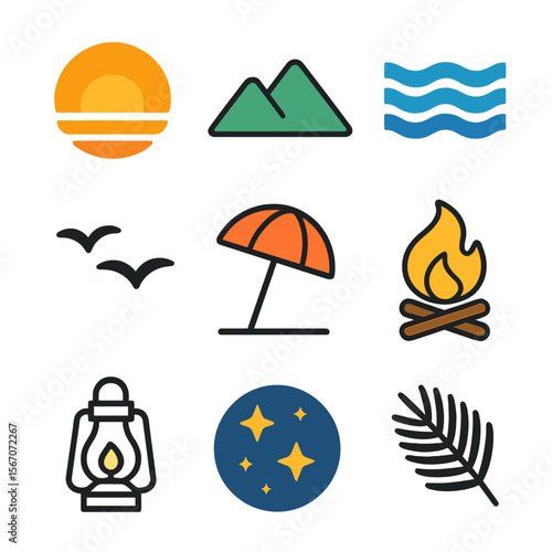 Colorful Sunset Icon Set. Solid, filled icon set of colorful sunset: sunset glow, mountain outline, ocean waves, flying birds,