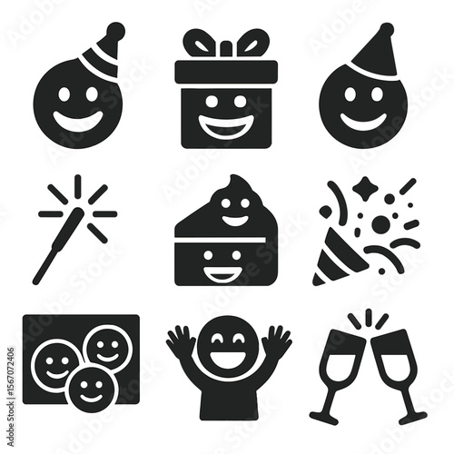 Celebratory Icons Grid. Solid, filled icons set of smiling and celebration: birthday smile, gift grin, party