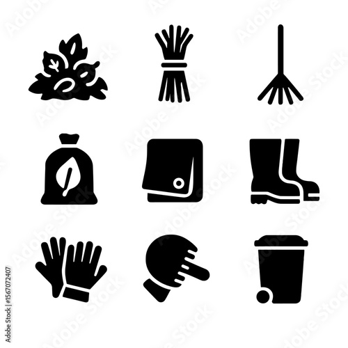 Fall Cleanup Icons. Solid, filled icon set of fall cleanup items: pile of leaves, bundled twigs, rake, compost bag, tarp, garden