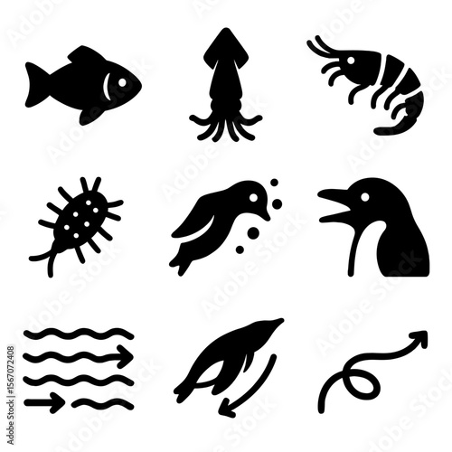 Penguin Diet Icons. Solid, filled icon set of penguin diet: fish, squid, krill, plankton, underwater hunting, open beak, catching