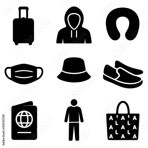 Celeb Travel Icon Set. Solid, filled icons set of celebrity airport looks: rolling suitcase, hoodie up, travel