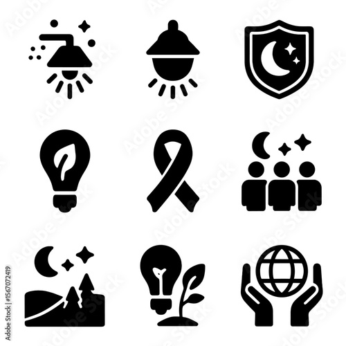 Dark Sky Icons. Solid, filled icon set of dark sky preservation: light pollution icon, shielded lamp, dark sky badge, eco-friendly