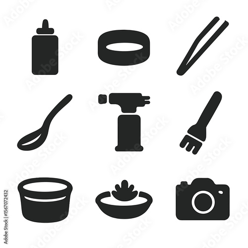 Food Styling Icons. Solid, filled icons set of food styling tools: squeeze bottle, plating ring, tweezers,