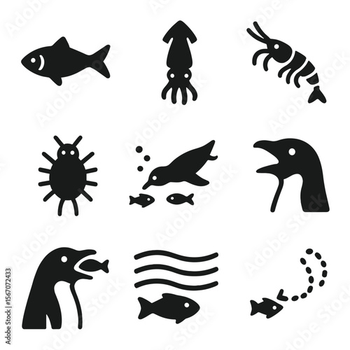 Penguin Diet Icons. Solid, filled icon set of penguin diet: fish, squid, krill, plankton, underwater hunting, open beak, catching