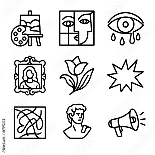 Art Movements Icons Grid. Outline icon set of artistic movements: Impressionism, Cubism, Surrealism, Baroque, Art Nouveau, Pop Art