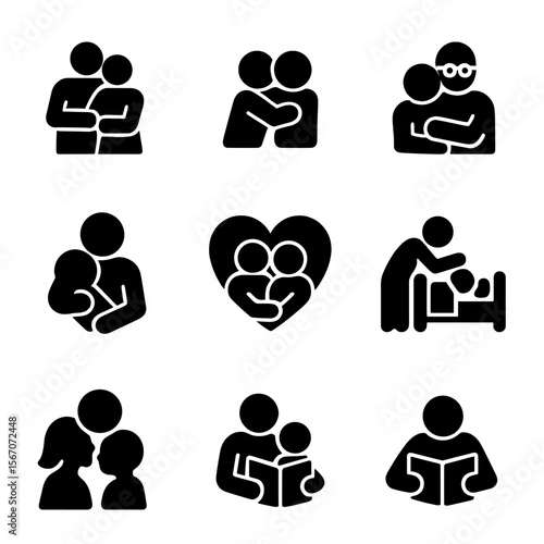 Family Affection Icons. Solid, filled icon set of family affection: parent hug, sibling cuddle, grandparent embrace, holding baby,