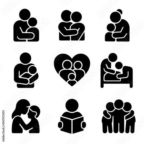 Family Affection Icons. Solid, filled icon set of family affection: parent hug, sibling cuddle, grandparent embrace, holding baby,