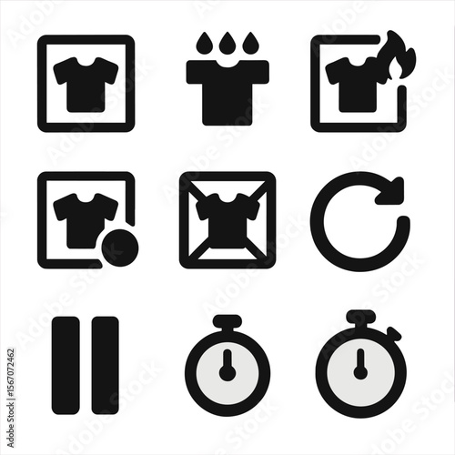 Clothes Drying Icons. Solid, filled icon set of clothes drying indicators: dry, damp, wet, overheating, low heat, no heat, cycle