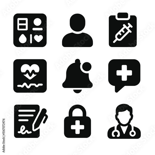 Personal Medical Apps Icons. Solid, filled icons set of personal medical apps: app dashboard, profile icon,