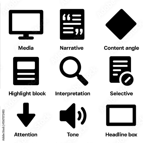Framing Theory Icons. Solid, filled icons set of framing theory: media frame, narrative icon, content angle,