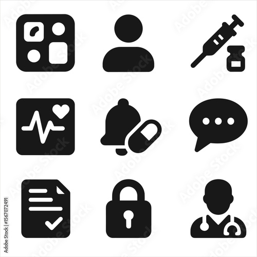 Personal Medical Apps Icons. Solid, filled icons set of personal medical apps: app dashboard, profile icon,