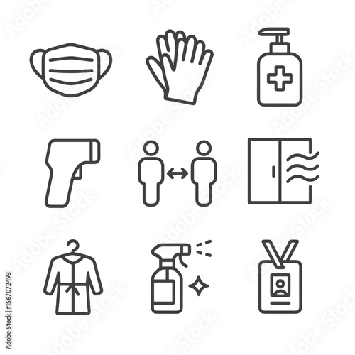 Safety Protocol Icons. Outline icon set of safety and hygiene protocols: face mask, disposable gloves, hand sanitizer bottle,