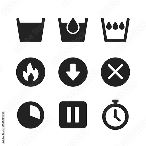 Clothes Drying Icons. Solid, filled icon set of clothes drying indicators: dry, damp, wet, overheating, low heat, no heat, cycle