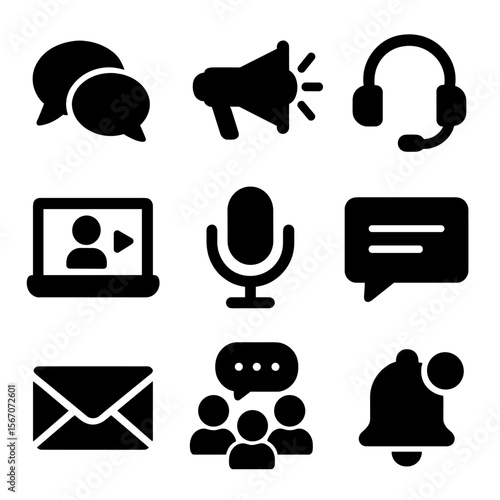 Communication Icons Grid. Solid, filled icon set of effective communication in teamwork: speech bubbles, megaphone, headset, video