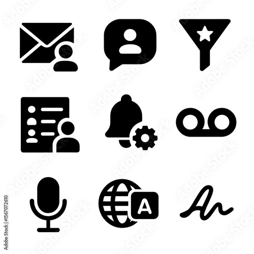 Personalized Communication Icons. Solid, filled icon set of personalized communication: custom email, chat profile, message filter