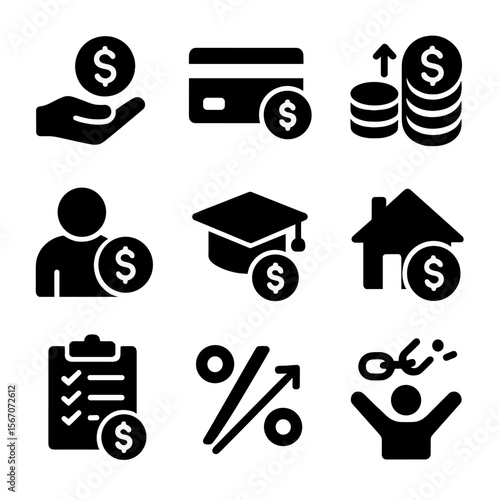 Debt Management Icons. Solid, filled icon set of debt management: loan payment, credit card, debt consolidation, personal loan,