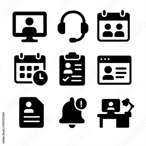 Coaching Icons Grid. Solid, filled icon set of coaching sessions setup: video call, phone headset, meeting calendar, appointment