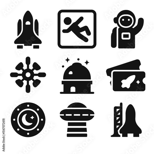 Futuristic Space Tourism Icons. Solid, filled icons set of space tourism and futuristic travel experiences: