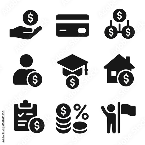 Debt Management Icons. Solid, filled icon set of debt management: loan payment, credit card, debt consolidation, personal loan,