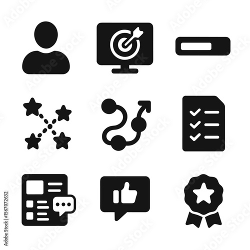 Personalized Learning Icons. Solid, filled icon set of personalized learning platforms: user profile, goal setting screen,