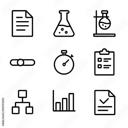 Scientific Experiment Icons. Outline icon set of experimental procedure steps: hypothesis document, control group flask,
