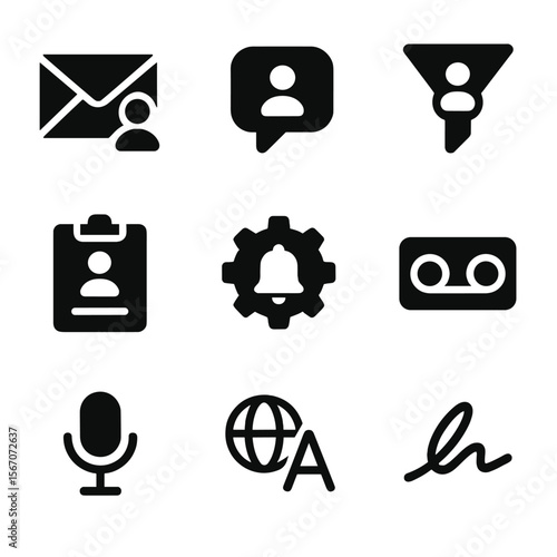 Personalized Communication Icons. Solid, filled icon set of personalized communication: custom email, chat profile, message filter