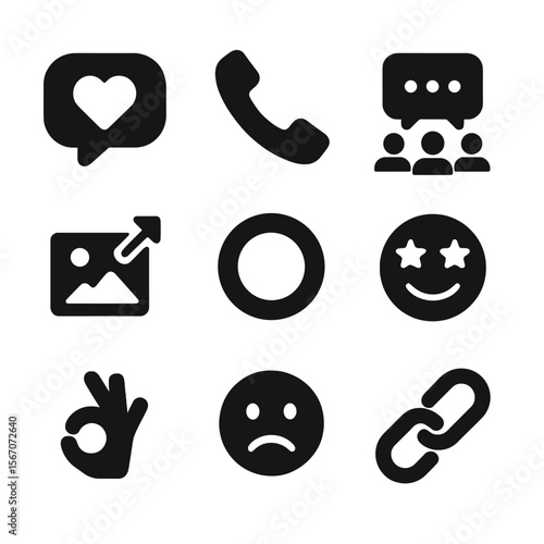 Communication Icons Grid. Solid, filled icon set of connection and communication: heart chat, phone call, group text, shared photo