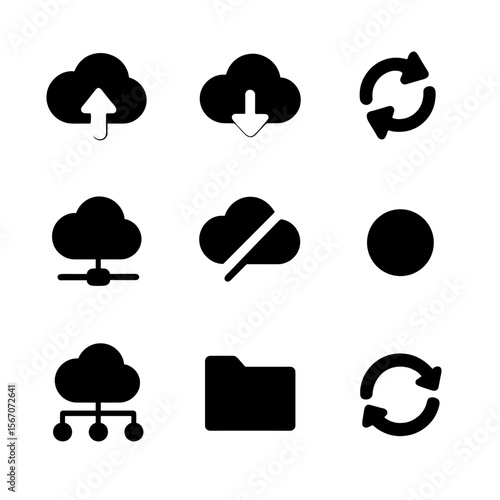 Cloud Storage Icons. Solid, filled icon set of cloud storage and syncing: cloud upload, cloud download, sync arrows, connected