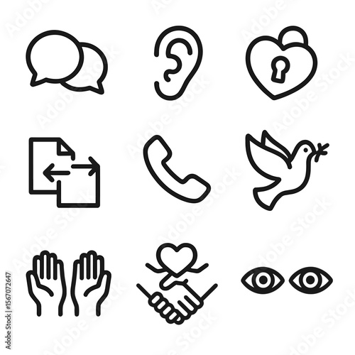 Communication Icons Grid. Solid, filled icon set of communication and trust: speech bubbles connected, listening ear, heart with