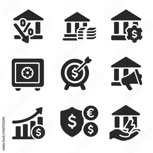 Central Bank Policy Icons. Solid, filled icons set of central bank policies: interest rate cut, quantitative