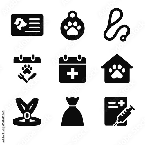 Pet Care Icons. Solid, filled icon set of responsible pet ownership: pet license, ID tag, leash, feeding schedule, vet appointment