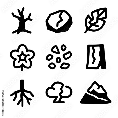 Deconstructed Nature Icons. Solid, filled icon set of Deconstructed nature: broken tree, cracked rock, shattered leaf, fragmented