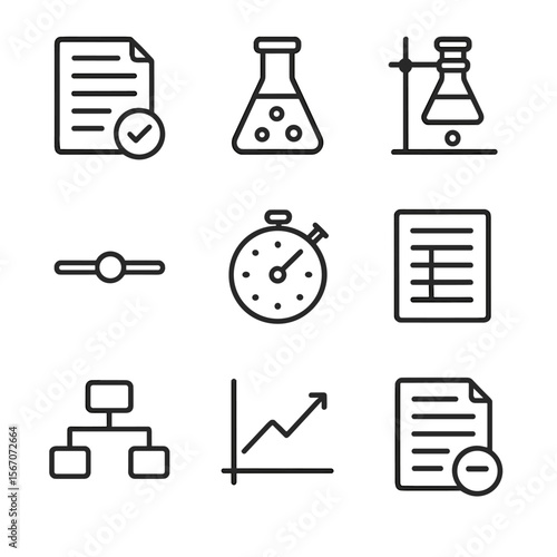Scientific Experiment Icons. Outline icon set of experimental procedure steps: hypothesis document, control group flask,