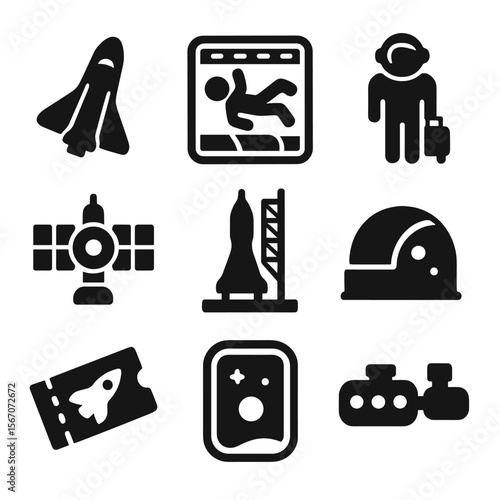 Futuristic Space Tourism Icons. Solid, filled icons set of space tourism and futuristic travel experiences: