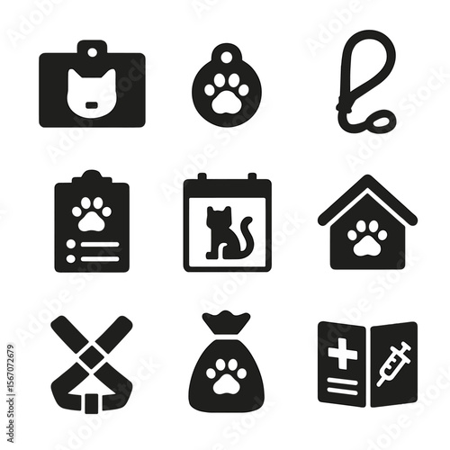 Pet Care Icons. Solid, filled icon set of responsible pet ownership: pet license, ID tag, leash, feeding schedule, vet appointment