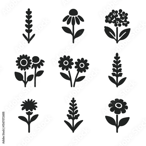 Pollinator Garden Icons. Solid, filled icons set of garden plants for pollinators: lavender, coneflower,