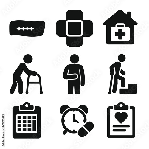 Post-Surgical Rehab Icons. Solid, filled icons set of post-surgical rehab: incision care, wound dressing, home