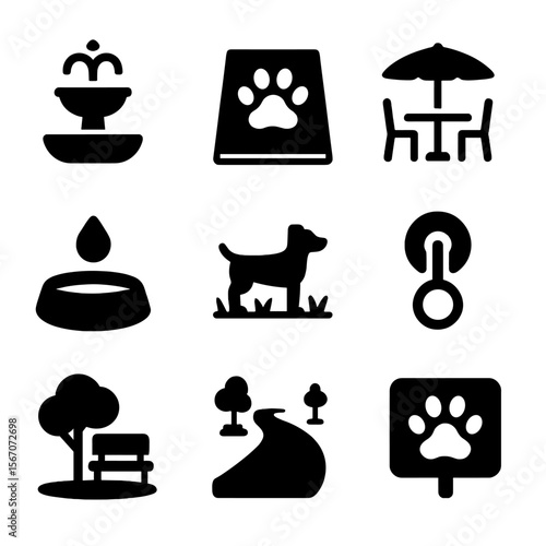 Pet-Friendly City Icons. Solid, filled icon set of pet-friendly city features: public fountain, sidewalk paw print, open patio caf