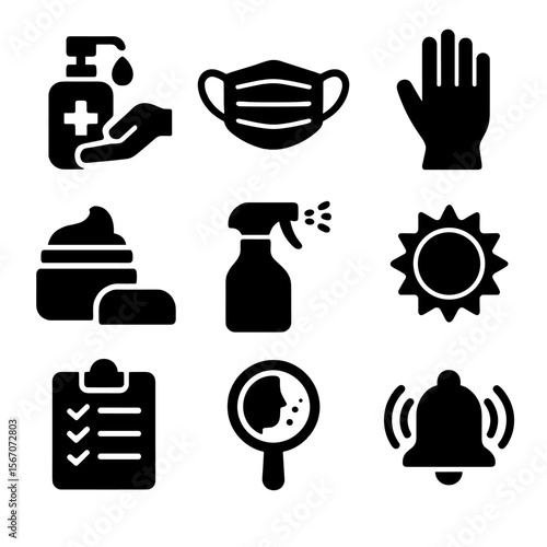 Protective Routine Icons. Solid, filled icons set of everyday protective routines: hand sanitizer, mask icon,