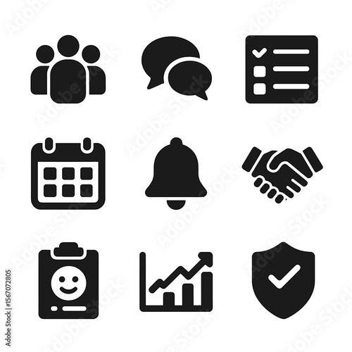 Community Workflow Icons. Solid, filled icon set of community management workflow: user group, chat bubbles, task list, calendar,