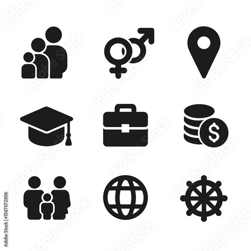 Demographics Icon Grid. Solid, filled icon set of persona demographics: age group, gender symbol, location pin, education cap,