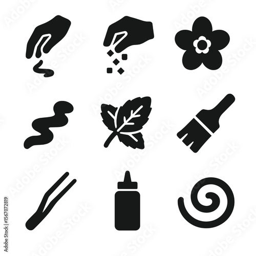 Chef Finishing Icons. Solid, filled icons set of chef’s finishing touches: drizzle icon, spice sprinkle,